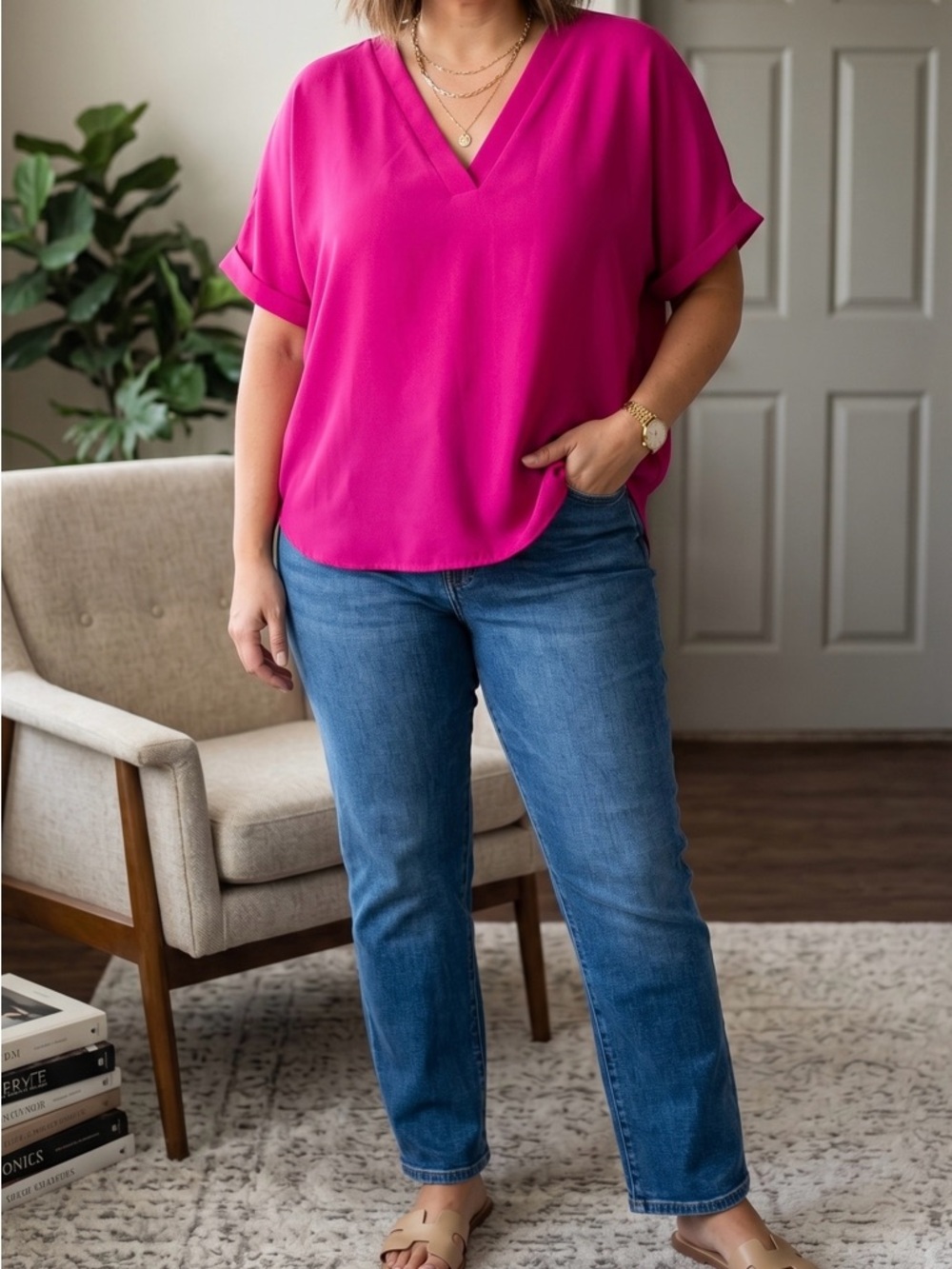Everly Fuchsia V-Neck Short Sleeve Blouse